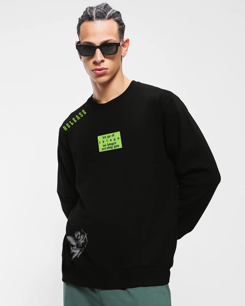 بيواكوف Men's Jet Black 999 Graphic Printed Plus Size Sweatshirt
